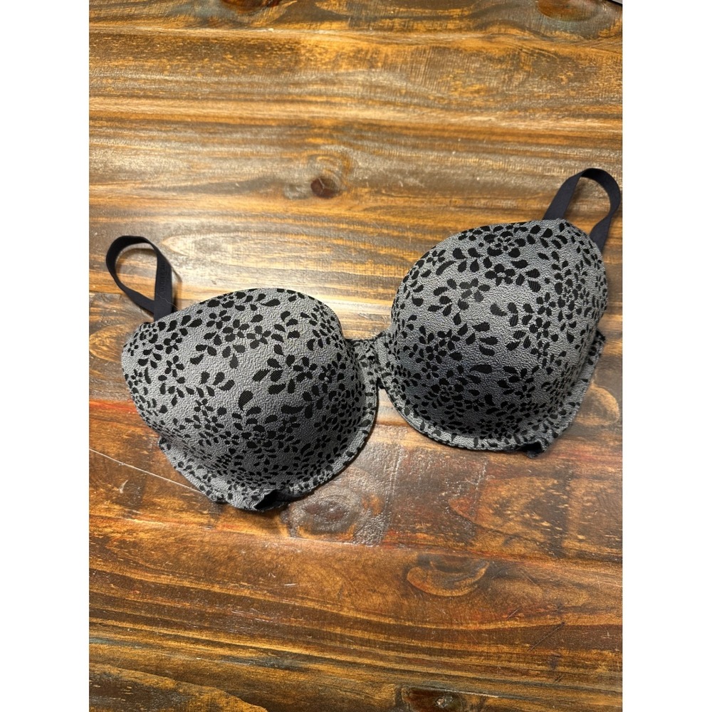 Adore Me Push Up Bra 36D Jet Black Silver Grey Floral Lace BOG-BR-08063 NWT
